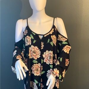 Elegant Floral Cold Shoulder Blouse - Black Plus Size